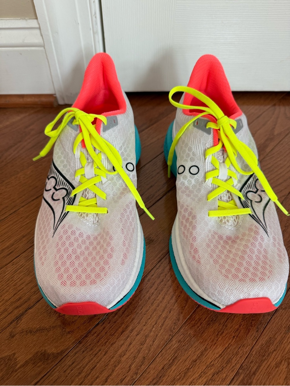 Men’s Size 10 Saucony Running Shoes - White with Neon Yellow & Coral Accents